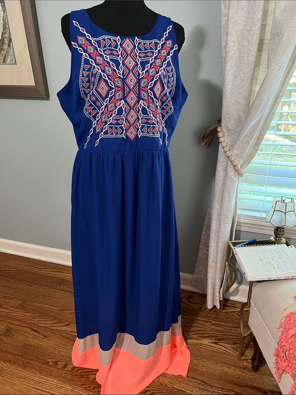 Takara Cobalt Blue Maxi Dress with Coral and Cream Hem